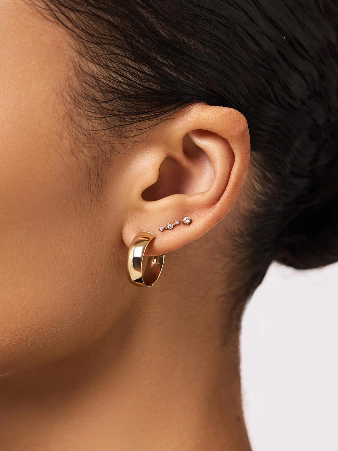Gold Stud Earrings - Triple Diamond Studs - Image 2